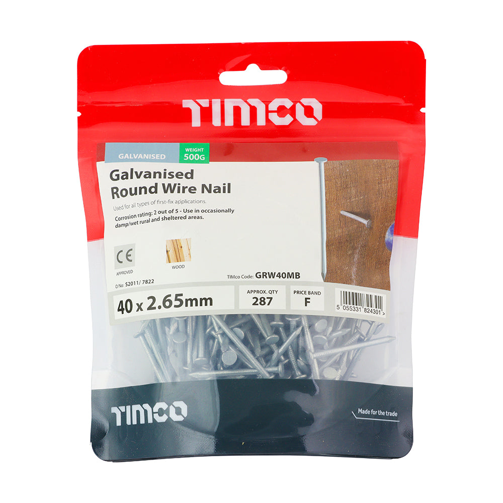 This is an image of Timco - Round Wire Nails - Galvanised 40 x 2.65mm (0.5 Kg TIMbag) GRW40MB