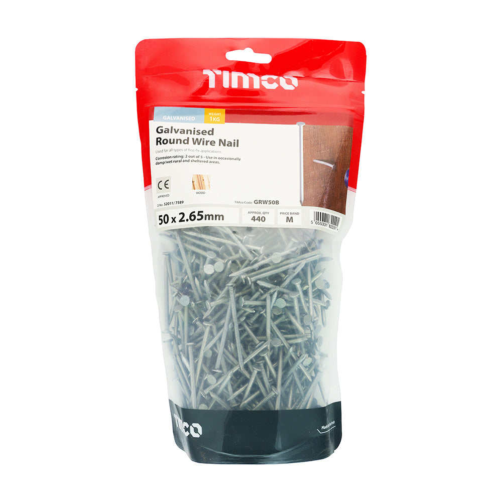 This is an image of Timco - Round Wire Nails - Galvanised 50 x 2.65mm (1 Kg TIMbag) GRW50B