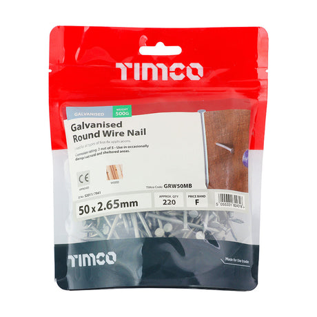 This is an image of Timco - Round Wire Nails - Galvanised 50 x 2.65mm (0.5 Kg TIMbag) GRW50MB