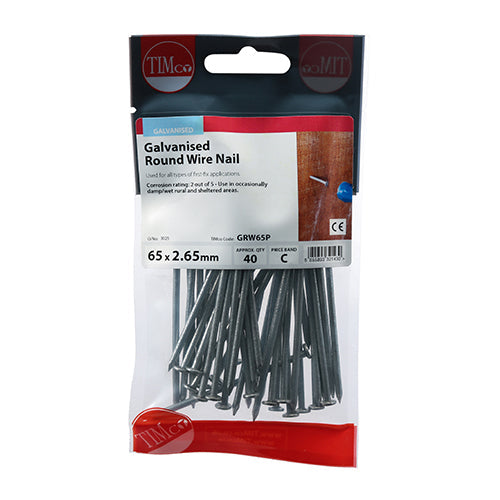 This is an image of Timco - Round Wire Nails - Galvanised 65 x 2.65mm (40 PCS TIMpac) GRW65P