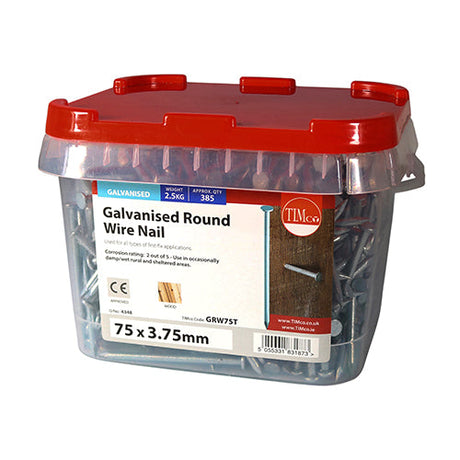 This is an image of Timco - Round Wire Nails - Galvanised 75 x 3.75mm (2.5 Kg TIMtub) GRW75T