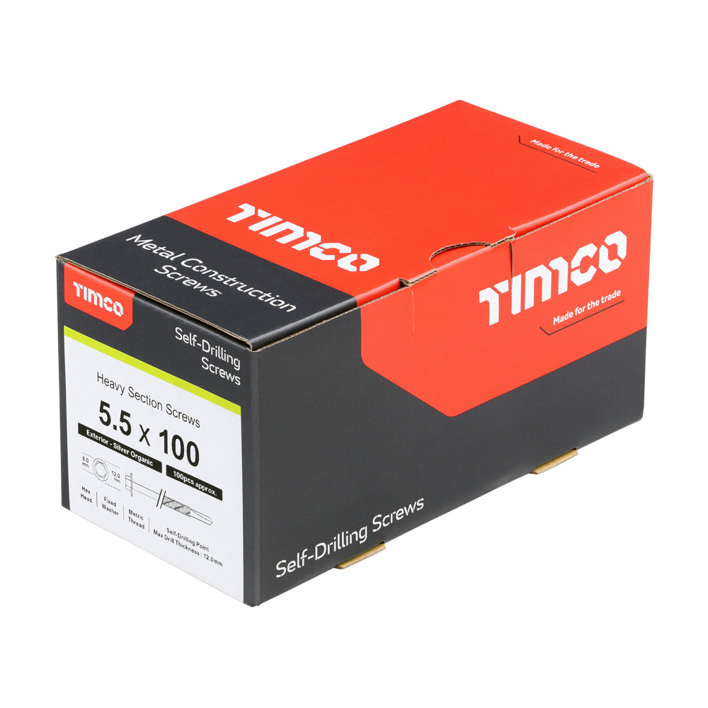 This is an image of Timco - Metal Construction Heavy Section Screws - Hex - Self-Drilling - Exterior - Silver Organic 5.5 x 100mm - (100 PCS Box) H100B