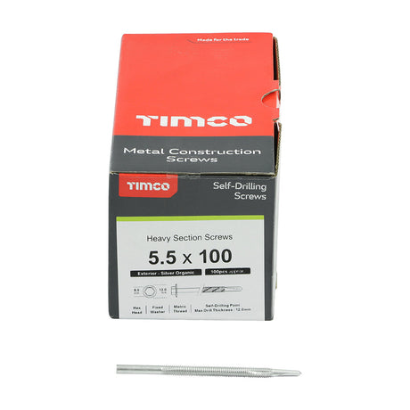 This is an image of Timco - Metal Construction Heavy Section Screws - Hex - Self-Drilling - Exterior - Silver Organic 5.5 x 100mm - (100 PCS Box) H100B