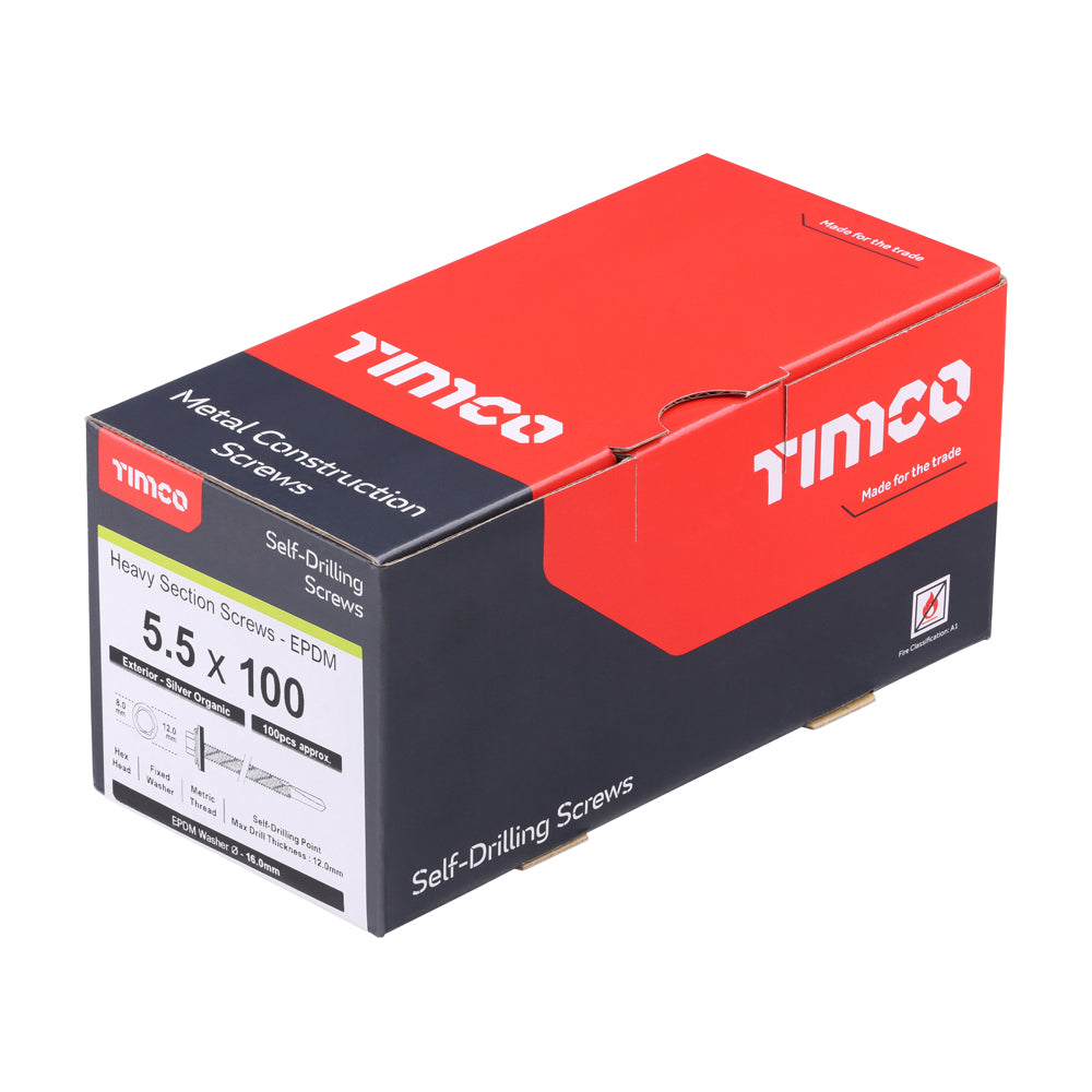 This is an image of Timco - Metal Construction Heavy Section Screws - Hex - EPDM Washer - Self-Drilling - Exterior - Silver Organic 5.5 x 100mm - (100 PCS Box) H100W16B