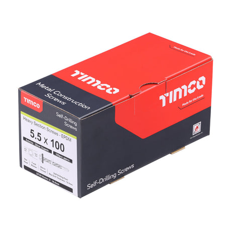 This is an image of Timco - Metal Construction Heavy Section Screws - Hex - EPDM Washer - Self-Drilling - Exterior - Silver Organic 5.5 x 100mm - (100 PCS Box) H100W16B