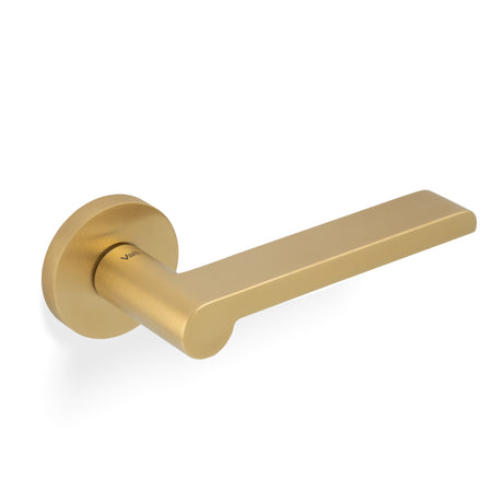 High quality image of Valli W.W Lever on Round Rosette - Satin Brass PVD| Sku. H1054SBPVD |Trade Door Handles.
