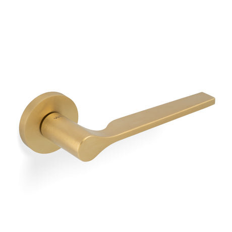 High quality image of Valli Carmen Lever on Round Rosette - Satin Brass PVD| Sku. H1062SBPVD |Trade Door Handles.