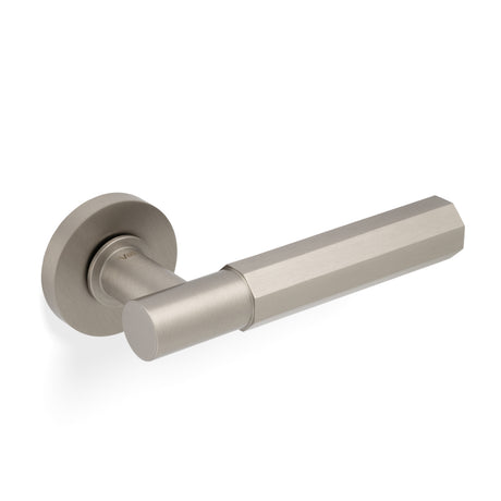 High quality image of Valli Antonio Citterio Lever on Round Rosette (Esagono) - Satin Nickel PVD| Sku. H380SNPVD |Trade Door Handles.