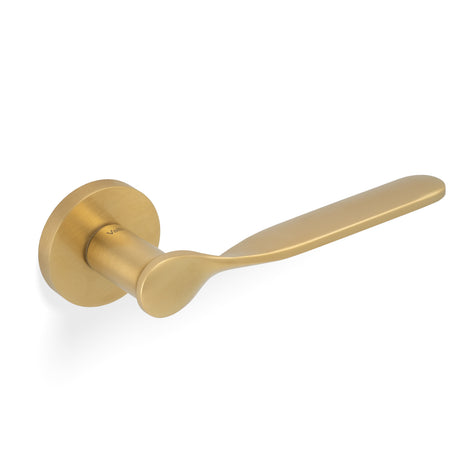 High quality image of Valli Perkins & Will Lever on Round Rosette - Satin Brass PVD| Sku. H383SBPVD |Trade Door Handles.