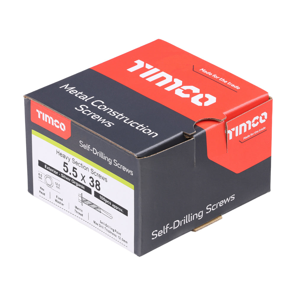 This is an image of Timco - Metal Construction Heavy Section Screws - Hex - Self-Drilling - Exterior - Silver Organic 5.5 x 38mm - (100 PCS Box) H38B