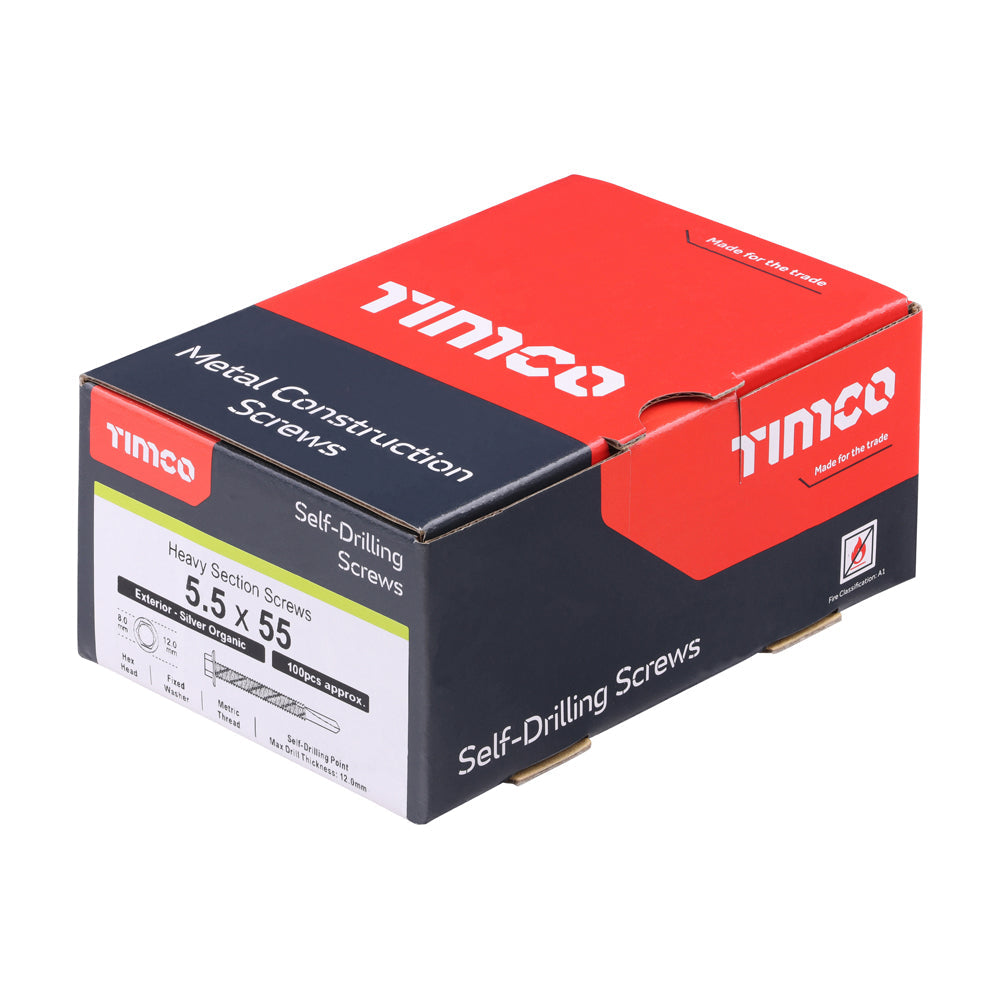 This is an image of Timco - Metal Construction Heavy Section Screws - Hex - Self-Drilling - Exterior - Silver Organic 5.5 x 55mm - (100 PCS Box) H55B