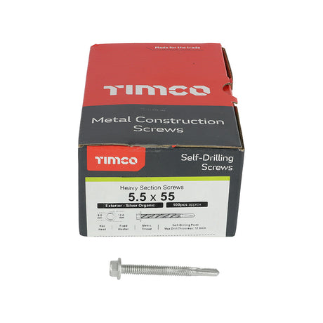 This is an image of Timco - Metal Construction Heavy Section Screws - Hex - Self-Drilling - Exterior - Silver Organic 5.5 x 55mm - (100 PCS Box) H55B