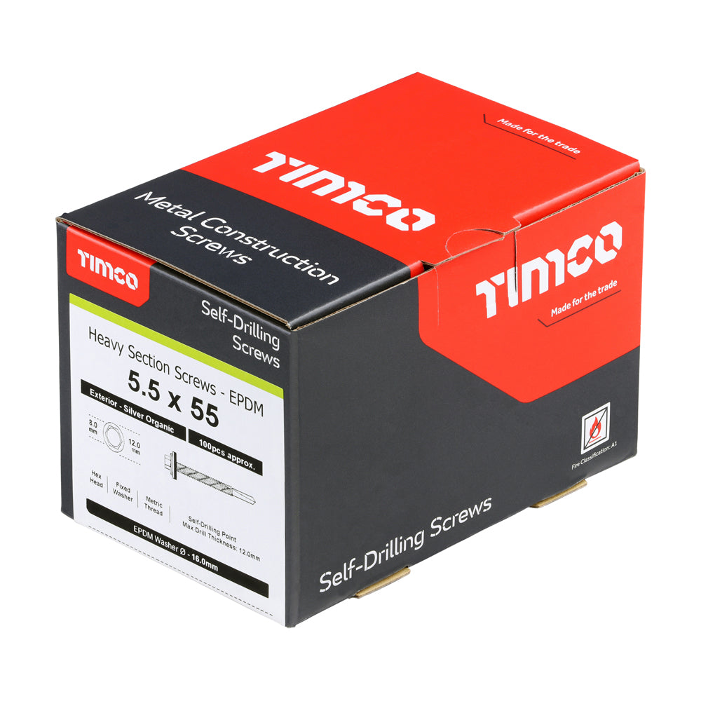 This is an image of Timco - Metal Construction Heavy Section Screws - Hex - EPDM Washer - Self-Drilling - Exterior - Silver Organic 5.5 x 55mm - (100 PCS Box) H55W16B