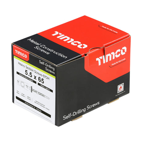 This is an image of Timco - Metal Construction Heavy Section Screws - Hex - EPDM Washer - Self-Drilling - Exterior - Silver Organic 5.5 x 65mm - (100 PCS Box) H65W16B