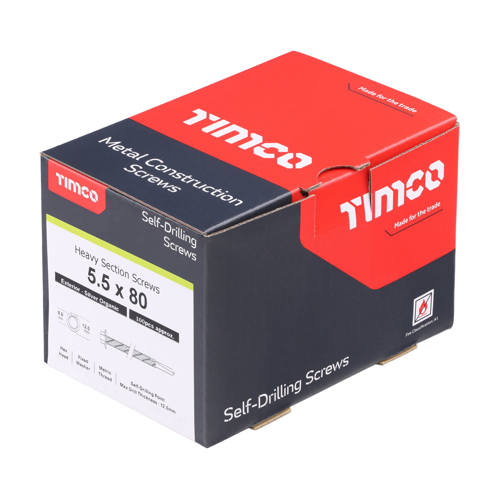 This is an image of Timco - Metal Construction Heavy Section Screws - Hex - Self-Drilling - Exterior - Silver Organic 5.5 x 80mm - (100 PCS Box) H80B