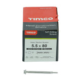 This is an image of Timco - Metal Construction Heavy Section Screws - Hex - Self-Drilling - Exterior - Silver Organic 5.5 x 80mm - (100 PCS Box) H80B