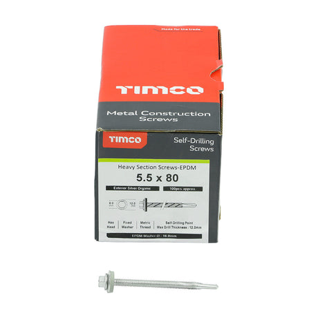 This is an image of Timco - Metal Construction Heavy Section Screws - Hex - EPDM Washer - Self-Drilling - Exterior - Silver Organic 5.5 x 80mm - (100 PCS Box) H80W16B