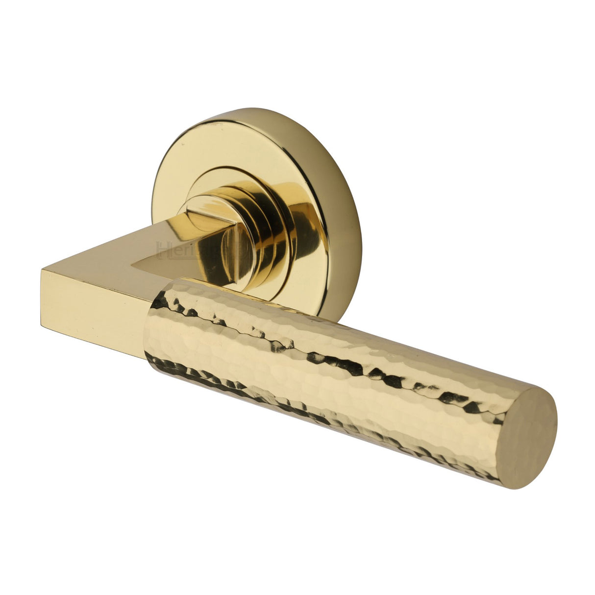High quality image of Heritage Brass - Hammered Bauhaus Door Handle on Round Rose - Polished Brass | Sku. ham2259-pb | available to order from Trade Door Handles in Kendal.