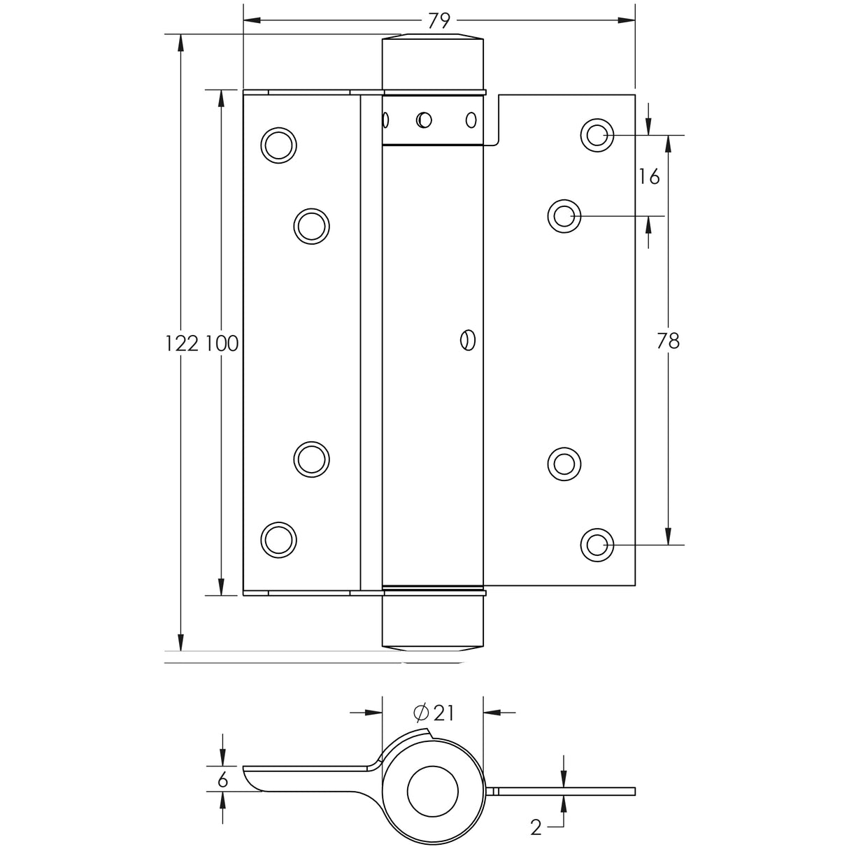 Technical drawing of of Frelan - Single Action Steel Spring Hinges 100mm Electro Brassed Sku. HB3003-4PB