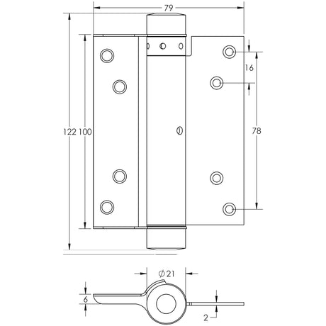 Technical drawing of of Frelan - Single Action Steel Spring Hinges 100mm Electro Brassed Sku. HB3003-4PB