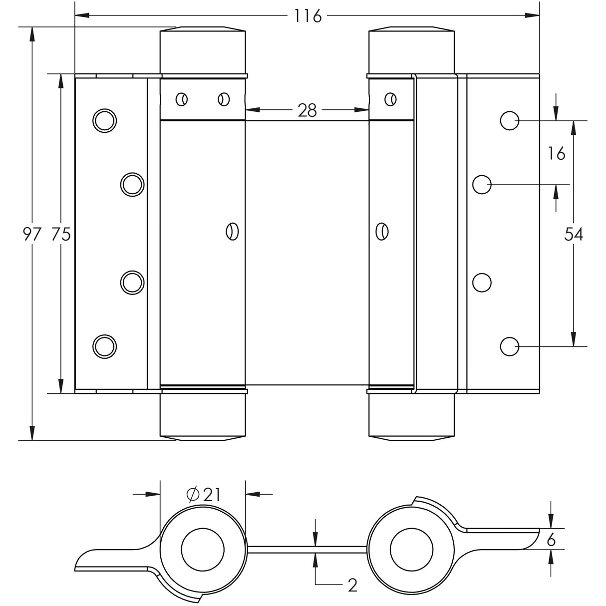 Technical drawing of of Frelan - Double Action Steel Spring Hinges 75mm Electro Brassed Sku. HB3005-3PB