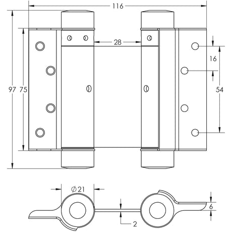 Technical drawing of of Frelan - Double Action Steel Spring Hinges 75mm Electro Brassed Sku. HB3005-3PB