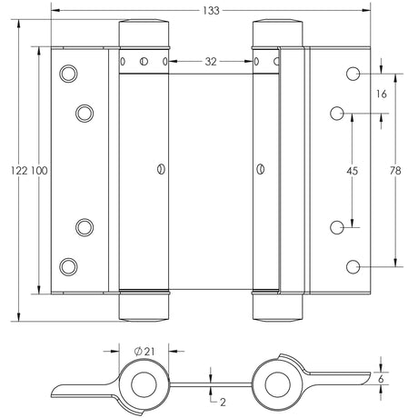 Technical drawing of of Frelan - Double Action Steel Spring Hinges 102mm Electro Brassed Sku. HB3005-4PB