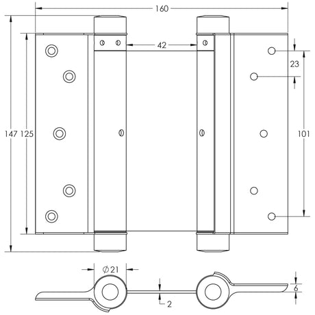 Technical drawing of of Frelan - Double Action Steel Spring Hinges 125mm Electro Brassed Sku. HB3005-5PB