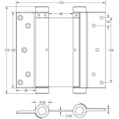 Technical drawing of of Frelan - Double Action Steel Spring Hinges 152mm Electro Brassed Sku. HB3005-6PB