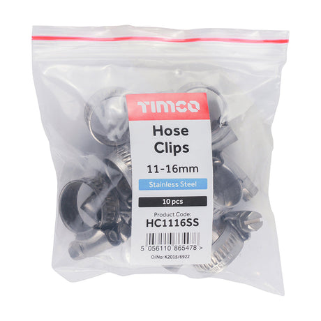 This is an image of Timco - Hose Clips - Stainless Steel 11 - 16mm - (10 PCS Bag) HC1116SS