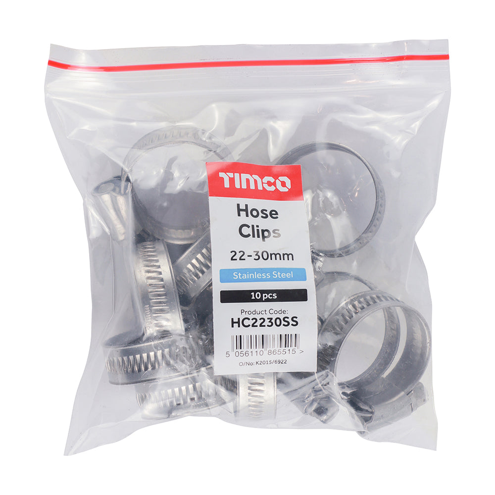 This is an image of Timco - Hose Clips - Stainless Steel 22 - 30mm - (10 PCS Bag) HC2230SS