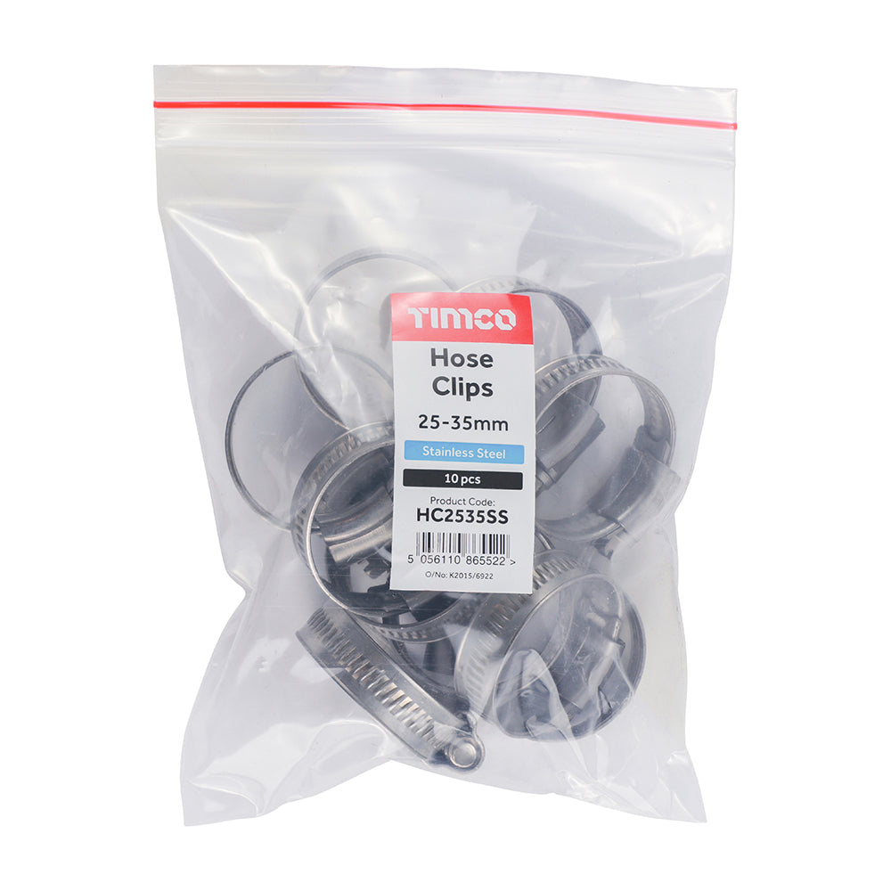 This is an image of Timco - Hose Clips - Stainless Steel 25 - 35mm - (10 PCS Bag) HC2535SS