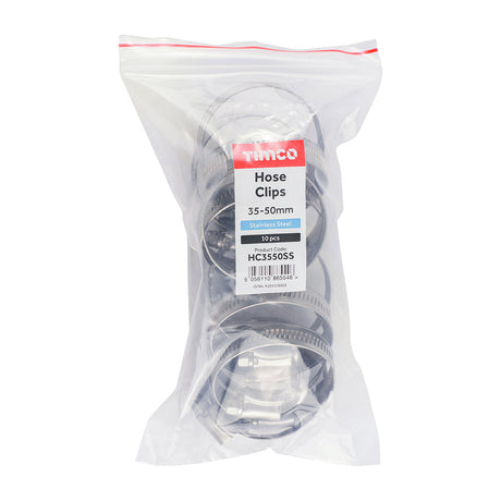 This is an image of Timco - Hose Clips - Stainless Steel 35 - 50mm - (10 PCS Bag) HC3550SS