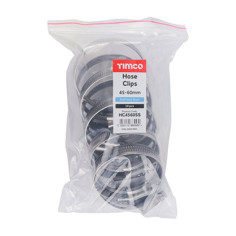 This is an image of Timco - Hose Clips - Stainless Steel 45 - 60mm - (10 PCS Bag) HC4560SS