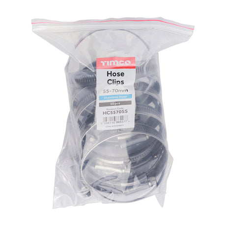 This is an image of Timco - Hose Clips - Stainless Steel 55 - 70mm - (10 PCS Bag) HC5570SS