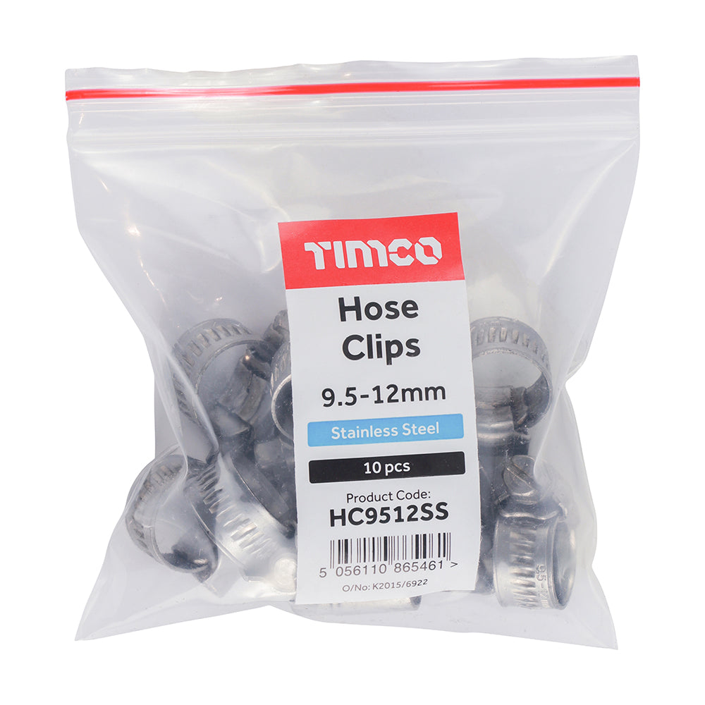 This is an image of Timco - Hose Clips - Stainless Steel 9.5 - 12mm - (10 PCS Bag) HC9512SS