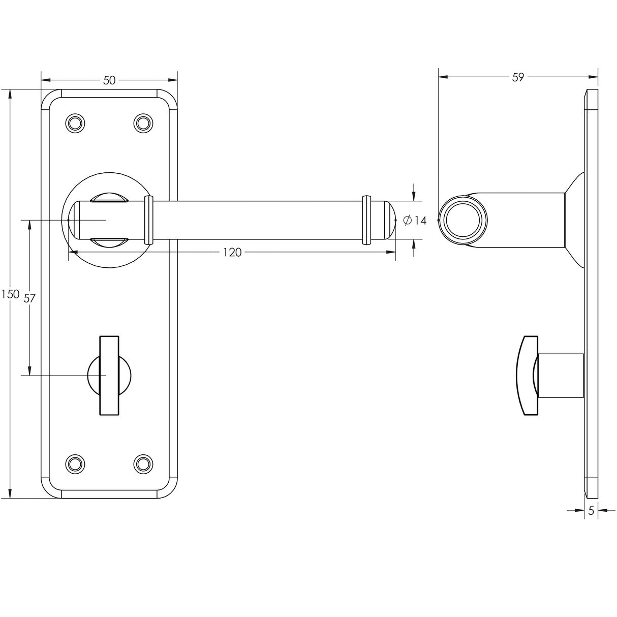 Technical drawing of of Frelan - Belfry Suite Door Handle on Bathroom Plate Pewter Sku. HF100B