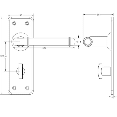Technical drawing of of Frelan - Belfry Suite Door Handle on Bathroom Plate Pewter Sku. HF100B