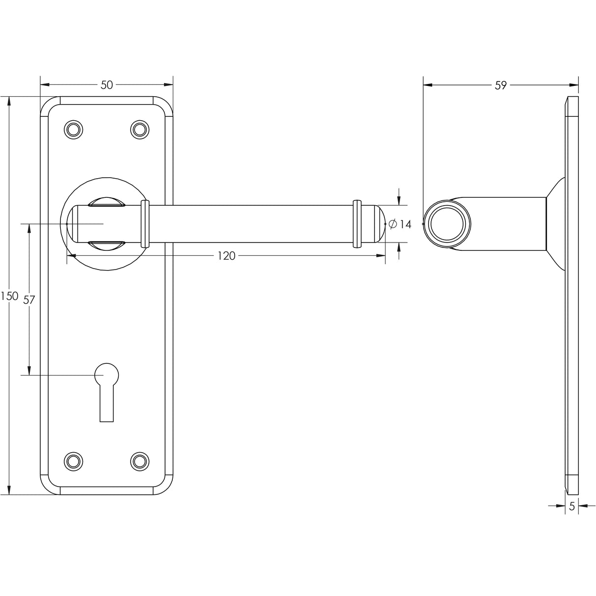 Technical drawing of of Frelan - Belfry Suite Door Handle on Lockplate Pewter Sku. HF100