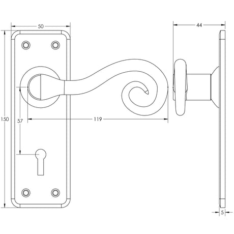 Technical drawing of of Frelan - Chester Suite Door Handles on Lockplate Pewter Sku. HF200