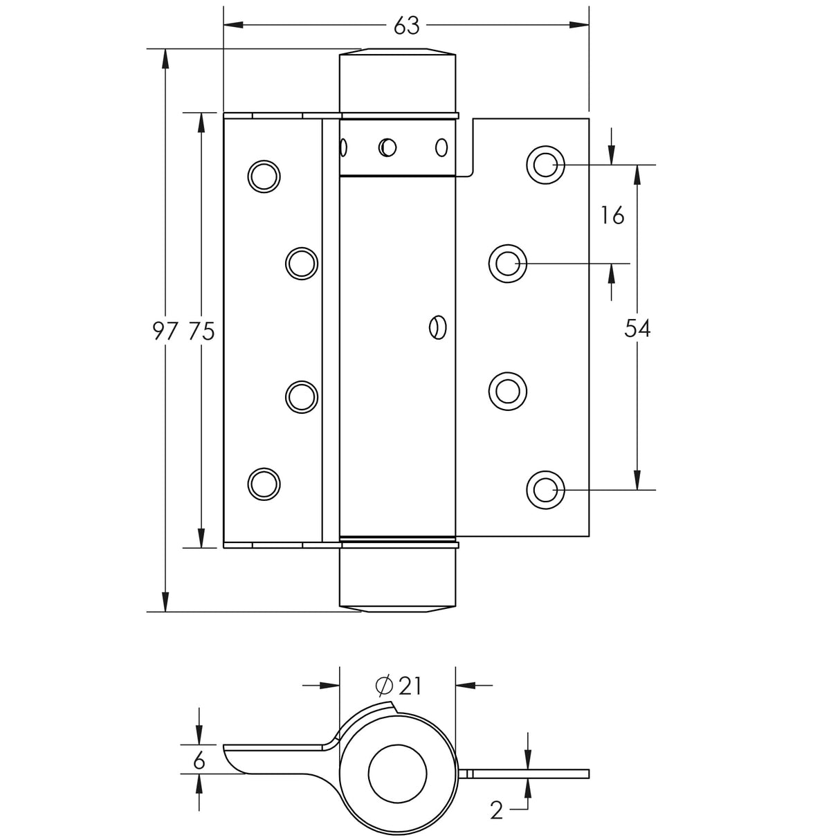 Technical drawing of of Frelan - Single Action Steel Spring Hinges 75mm Silver Sku. HG3003-3GY