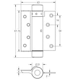 Technical drawing of of Frelan - Single Action Steel Spring Hinges 75mm Silver Sku. HG3003-3GY
