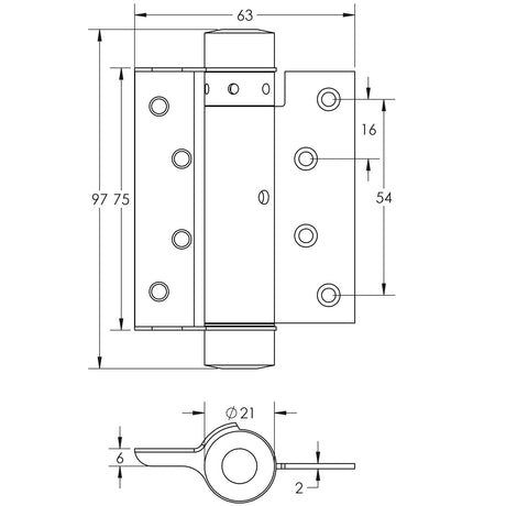 Technical drawing of of Frelan - Single Action Steel Spring Hinges 75mm Silver Sku. HG3003-3GY