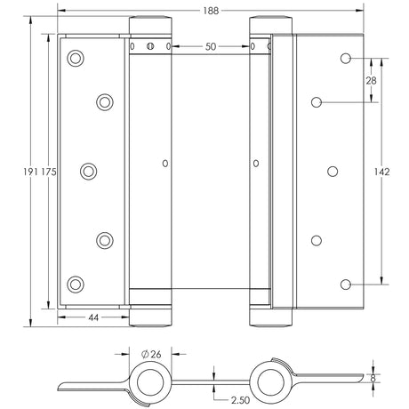 Technical drawing of of Frelan - Double Action Steel Spring Hinges 175mm Grey Sku. HG3005-7GY
