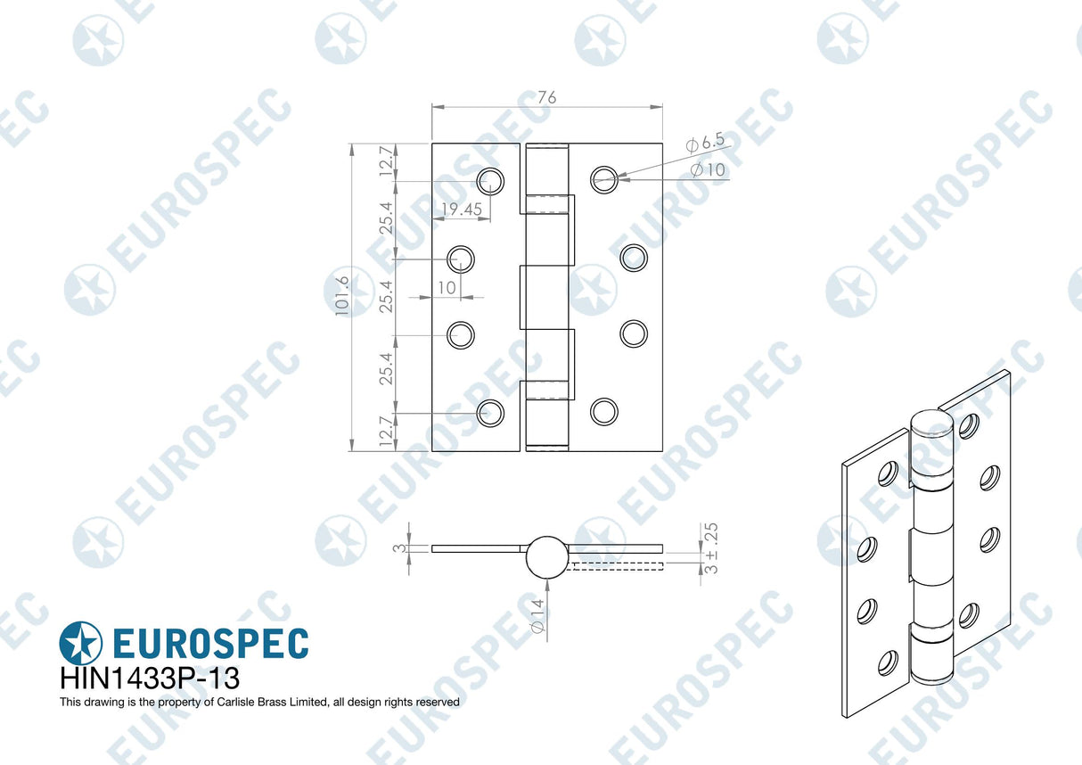 Eurospec - Grade 13 Ball Bearing P Hinge Square 102 x 76mm - Antique Brass