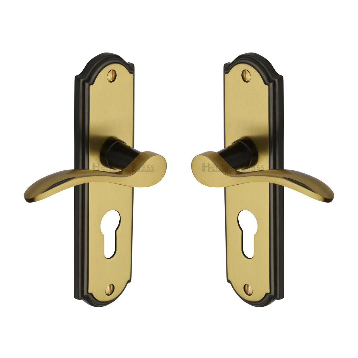 High quality image of the Heritage Brass Door Handle for Euro Profile Plate Howard Design Patina &amp; Satin Brass Finish
 | Sku. how1348-pt | Discounted prices available from Trade Door Handles