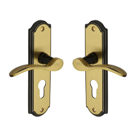 High quality image of the Heritage Brass Door Handle for Euro Profile Plate Howard Design Patina &amp; Satin Brass Finish
 | Sku. how1348-pt | Discounted prices available from Trade Door Handles