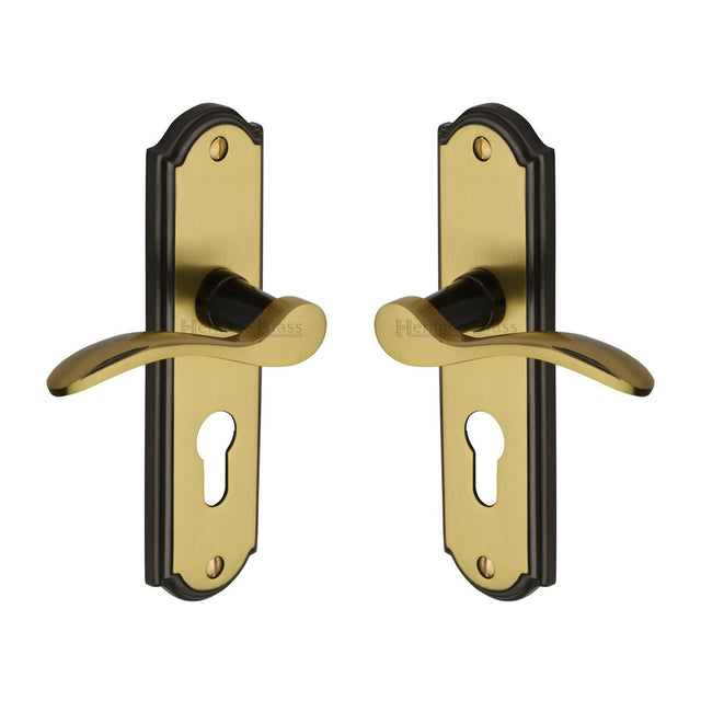 High quality image of the Heritage Brass Door Handle for Euro Profile Plate Howard Design Patina &amp; Satin Brass Finish
 | Sku. how1348-pt | Discounted prices available from Trade Door Handles