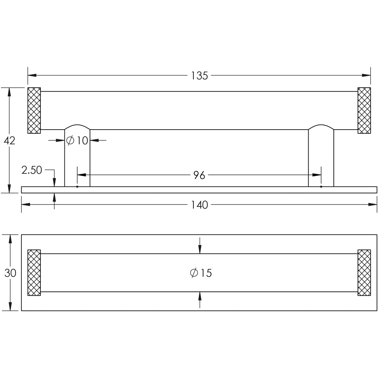 Technical drawing of of Hoxton - Wenlock Cabinet Handles 96mm Ctrs Plain Backplate Polished Nickel Sku. HOX-150PN-5050PN