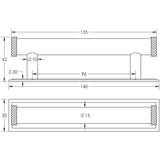 Technical drawing of of Hoxton - Wenlock Cabinet Handles 96mm Ctrs Stepped Backplate Satin Brass Sku. HOX-150SB-6050SB